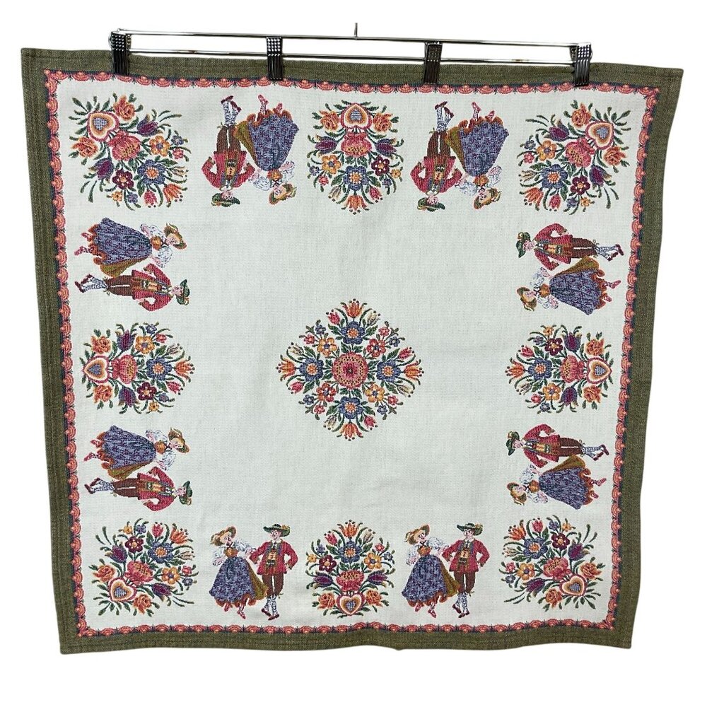 Vintage Jacquard Austrian Folk Art Square Tablecloth Bavarian Dancers Florals